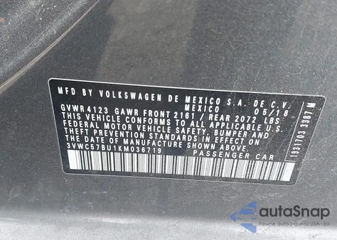 2019 Volkswagen Jetta 1.4T R-Line/1.4T S/1.4T Se z USA, uszkodzony, nr VIN 3VWC57BU1KM036719